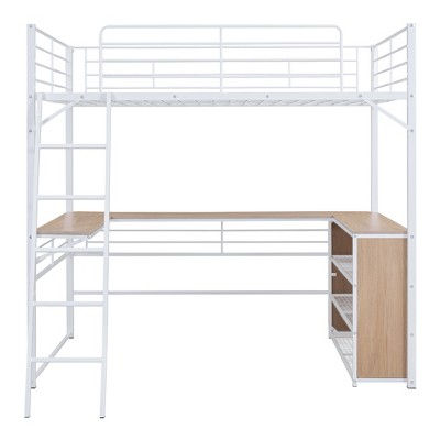 Bellemave Metal Full Size Loft Bed with L-Shaped Desk and 3-Tier Shelves, Heavy Duty Loft Bed Frame with Storage for Kids, Teens, Adults, White