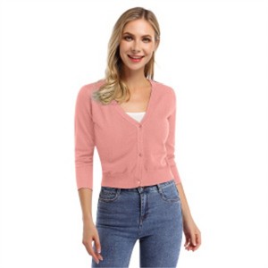 Clearlove Women's Cropped Bolero Cardigan – 3/4 Sleeve V-Neck Basic Classic Casual Button Down Knit Soft Sweater Top - 1 of 4