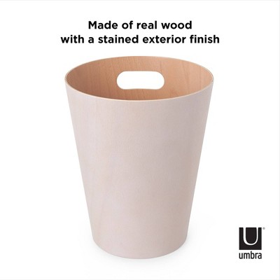 White and Natural Wood Bathroom Trash Can with Handles