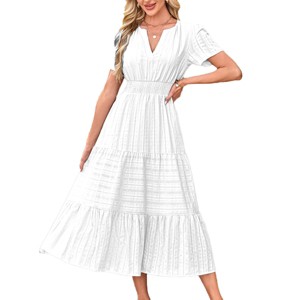 Womens Pleated Dress Cotton Tiered Breathable Dress for Summer Lightweight Short Sleeve V Neck Maxi Dresses Elastic Waist Boho Dress - 1 of 4