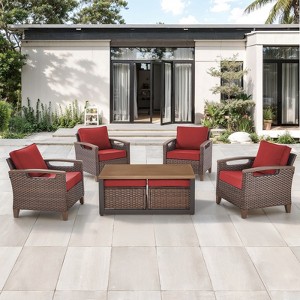 Belord Patio Wicker Chairs Lounge Club Chairs, All Weather Brown Wicker Outdoor Chair Set of 4 with Coffee Table and Ottoman for Porch Balcony - 1 of 4