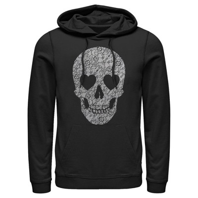 Men's Lost Gods Lace Print Heart Skull Pull Over Hoodie - Black