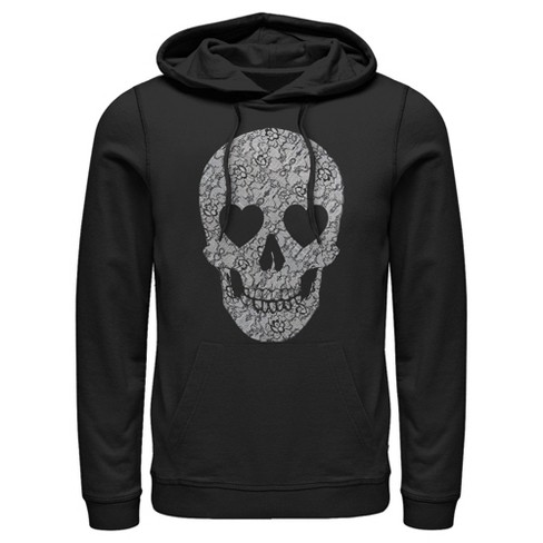 Men's Lost Gods Lace Print Heart Skull Pull Over Hoodie - Black - X Large