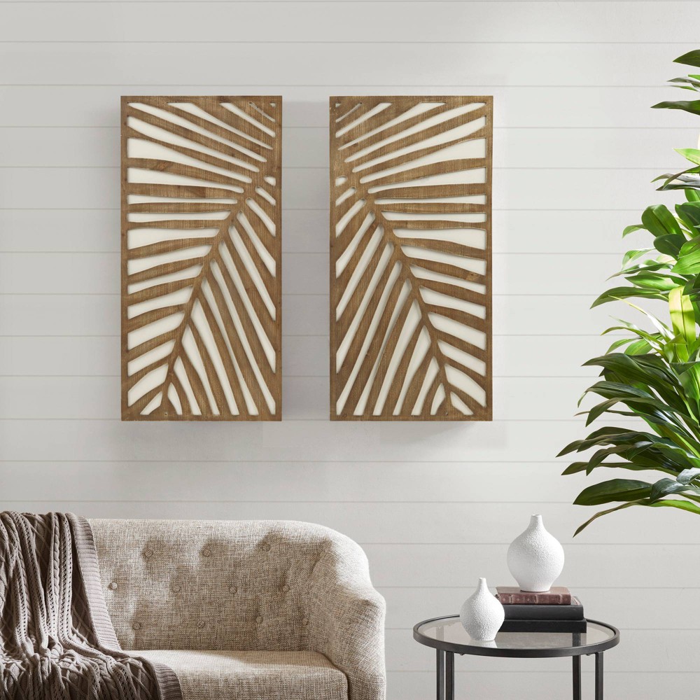 Photos - Other Decoration 2pc Birch Palms Carved Wall Panel Set Dark Brown - Madison Park: MDF Construction, Modern Botanical Decor