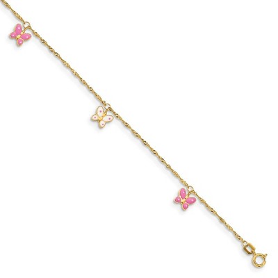 Black Bow Jewelry 14k Yellow Gold and Enameled Butterfly Adjustable Anklet, 10 Inch