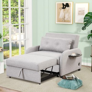 71.7" Linen Adjustable Sofa Bed with USB Charging and Collapsible Side Tables - 1 of 4