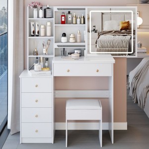 36.3" Vanity Table with Touch Tri-Color Sliding LED Mirror,Cushioned Stool and Storage Drawers for Bedroom–The Pop Home - 1 of 4