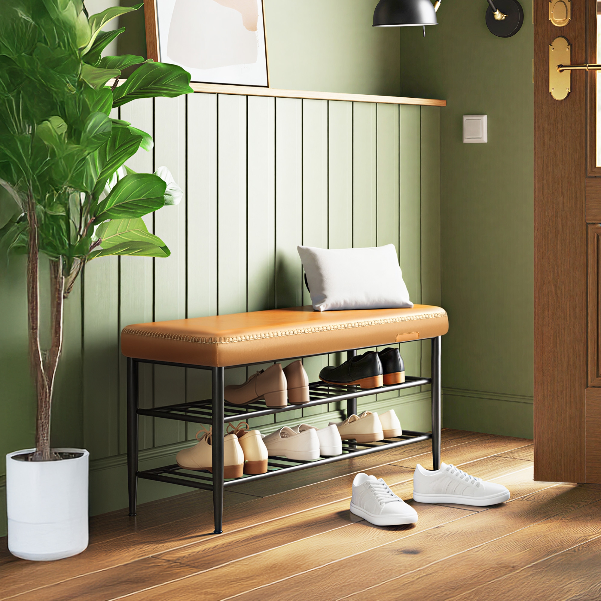 LEDREM Shoe Bench, Storage Bench, Shoe Rack Bench Entryway, Synthetic Leather with Stitching, Loads 300 lb, 11.8 x 31.5 x 19.7 Inches