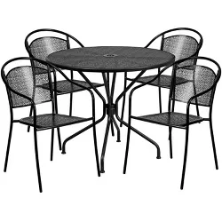 Emma and Oliver Commercial 35.25" Round Metal Garden Patio Table Set w/ 4 Round Back Chairs