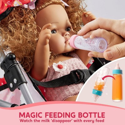 Red Unicorn Foldable Baby Doll Stroller with Basket and Bottles
