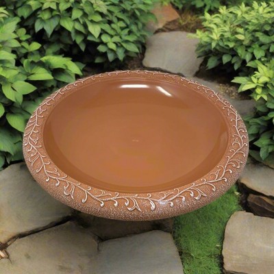 Terra Cotta Fiber Clay Birdbath Bowl with Etched Rim