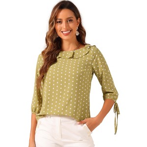Allegra K Women's Vintage 3/4 Sleeve Boat Neck Ruffled Dots Print Blouse - 1 of 4