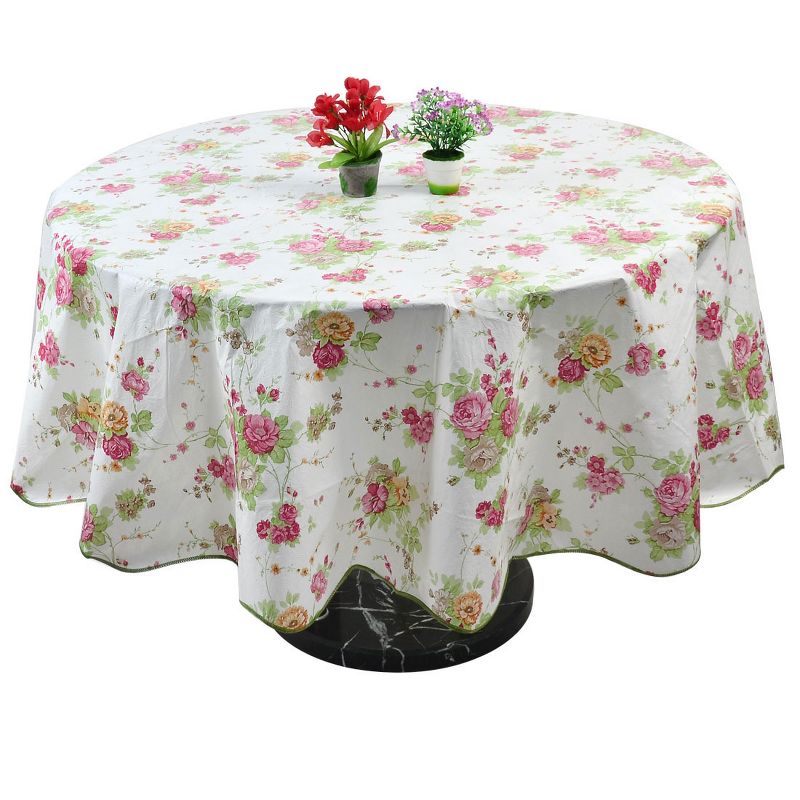 70" Dia Round Vinyl Water Oil Resistant Printed Tablecloths Pink Rose - PiccoCasa, 1 of 5