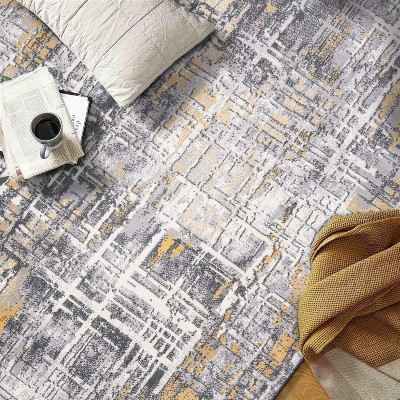 Yellow and Gray Abstract 5' x 7' Stain-Resistant Synthetic Area Rug