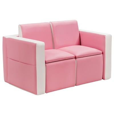 Tangkula Kids Sofa 2 in 1 Double Sofa Convert to Table and Two Chairs Toddler Lounge with Wooden Frame and PVC Surface Children Box