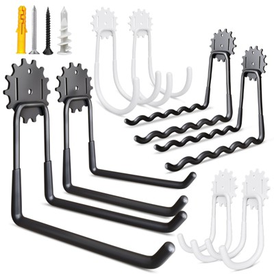 phiestina Garage Hooks, 8-Piece Heavy Duty Utility Steel Hooks for Bicycles, Ladders, Tools, Black & White