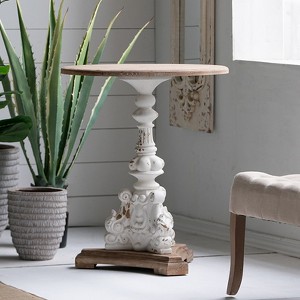 GDFStudio Hueber Lightweight Concrete Round Side Table with Carved Pedestal Base - 1 of 4