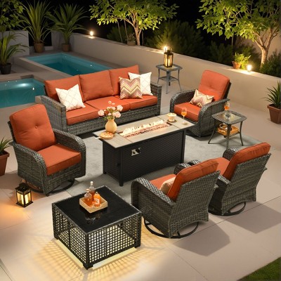 XIZZI Patio Furniture Sets for Relaxation, Comfy 3.5-Inch Cushions & 360° Swivel Action for Extra Comfort, 9 Pcs/Set - Fire Pit Table, Orange
