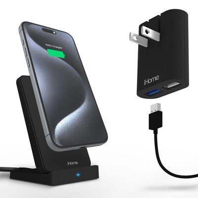 iHome Wireless Charging Stand and Dual Port Flat USB Wall Charger Bundle, 10W Anti Slip Surface, Black