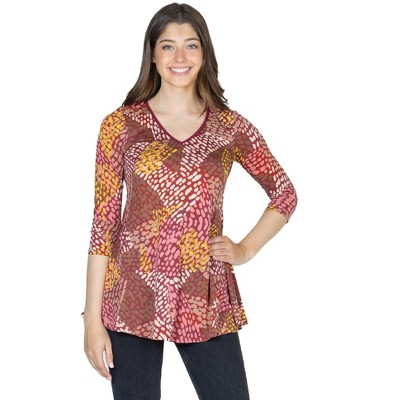 24seven Comfort Apparel Womens Red Print V Neck Three Quarter Sleeve Tunic Top