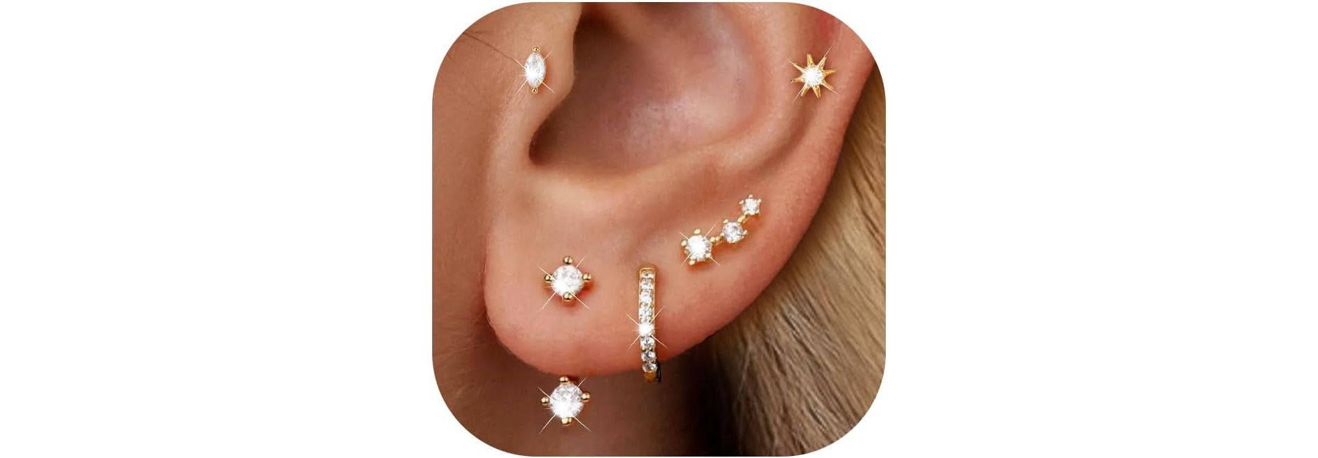6 Pairs 14K Gold Stud Earrings Set - Hypoallergenic Cartilage Earrings for Women, Dainty Stackable Piercing Jewelry