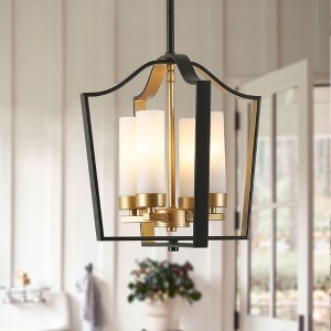 Rennnsan Joseph 4-Light Industrial Retro Black/Gold Cage Geometric Chandelier with Milky White Cylinder Glass Shade - 1 of 4