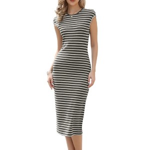 INSPIRE CHIC Women's Striped Crew Neck Cap Sleeve Knit Bodycon Midi Dresses - 1 of 4