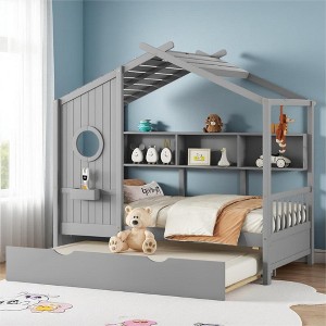 Merax Wooden House Bed with Trundle & Built-In Storage Shelves - 1 of 4