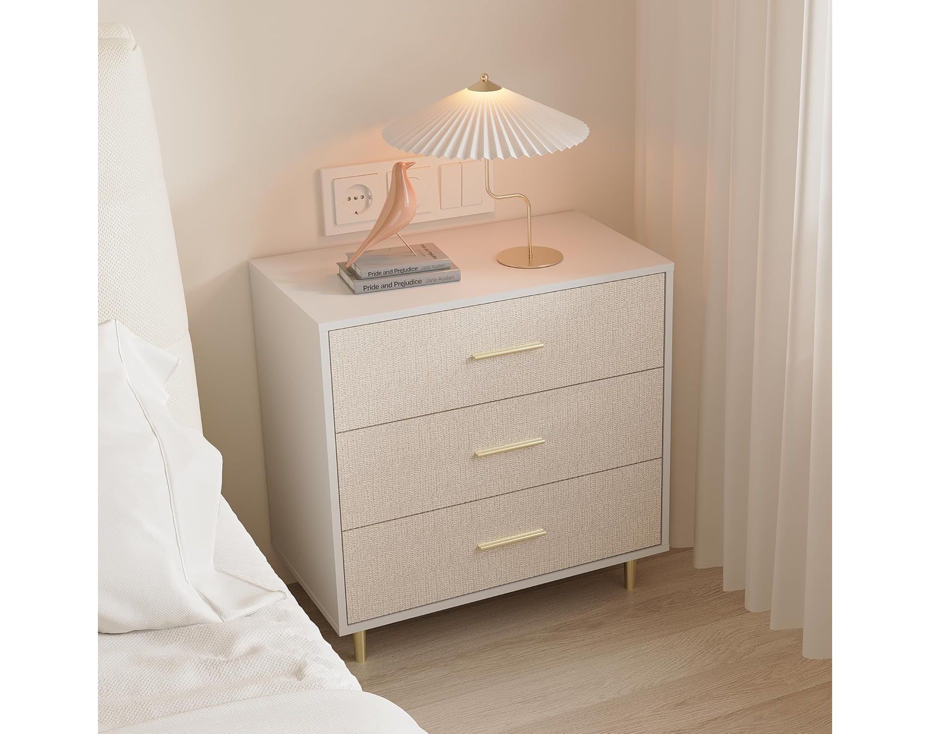 Acekool Modern White Nightstand with 3 Drawers, Gold Legs – Slim Bedside Table for Small Spaces