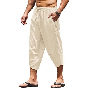 COOFANDY Men's Linen Harem Capri Pants Lightweight Loose 3/4 Shorts Drawstring Elastic Waist Casual Beach Boho Yoga Trousers - 1 of 4