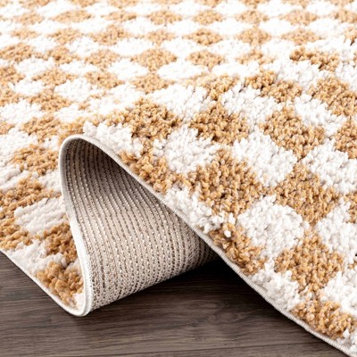 Kieu Mustard and Ivory Checkered Shag Runner Rug