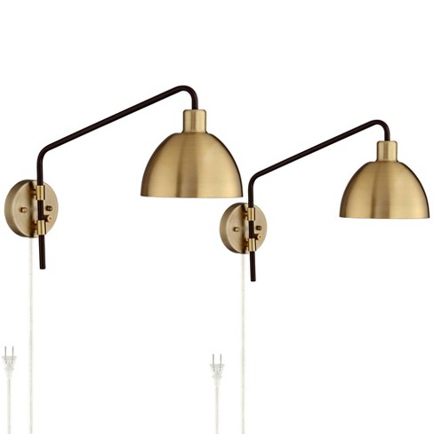 Colwood Mid Century Modern Swing Arm Wall Lamps Set Of 2 Brass Bronze Plug-in Light Fixture Adjustable Dome Shade For Room : Target