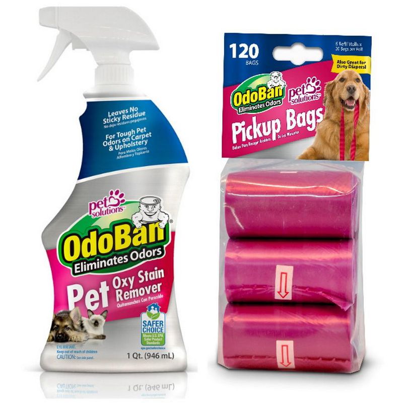 OdoBan Pet Solutions Oxy Stain Remover, 32 fl oz Spray, and Dog Waste Pickup Bags, 120 Count, 1 of 6