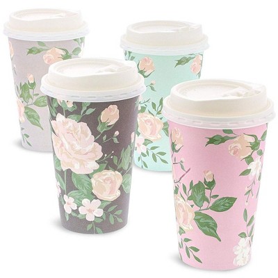 Juvale 48 Pack Vintage Floral Paper Insulated Coffee Cups with Lids, 4 Designs, 16 Ounces
