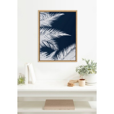 Natural Framed Blue and White Palm Canvas Wall Art