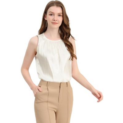 Allegra K Women's Satin Round Neck Sleeveless Work Office Pleated Blouse