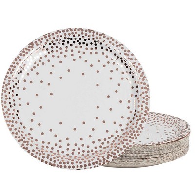 Juvale 48-Pack Metallic Rose Gold Foil Polka Dot Disposable Paper Plates Party Supplies, 9 Inch