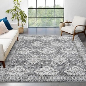 9x12 Washable Vintage Area Rug, Low-Pile Non-Slip Rubber Backed Foldable Carpet for Bedroom, Living Room, Office, Playroom, Grey - 1 of 4