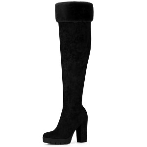 BLISSFUL STEP Women's Chunky Heel Platform Faux Fur Zipper Over Knee High Boots - 1 of 4