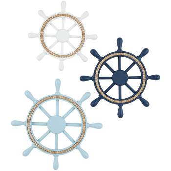 Set of 3 Wood Ship Wheel Wall Decors with Brown Beaded Accents - Olivia & May