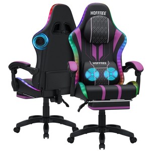 Hoffree Extra Large Massage Gaming Chair Ergonomic Office Chair with Bluetooth Speaker & RGB Light Purple Black - 1 of 4