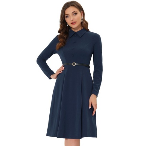 Allegra K Women's Elegant Long Sleeve Button Decor Belted Fit and Flare  Dress Dark Blue X-Large