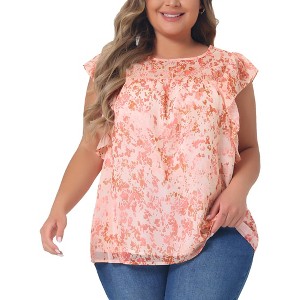 Agnes Orinda Women's Plus Size Double Layered Chiffon Ruffle Sleeve Dressy Casual Round Neck Tank Top - 1 of 4