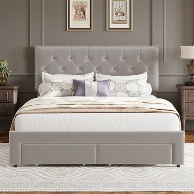 Velvet Bed Frame with Adjustable Headboard and 2 Drawers