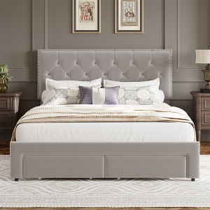 Velvet Bed Frame with Adjustable Headboard and 2 Drawers - 1 of 4