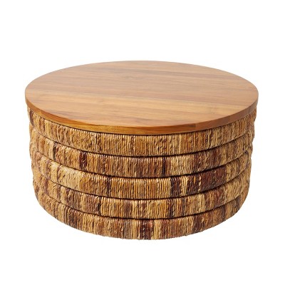 Olivia & May Seagrass Handmade Coffee Table: Teak Wood Top, Indoor Use, No Assembly Required
