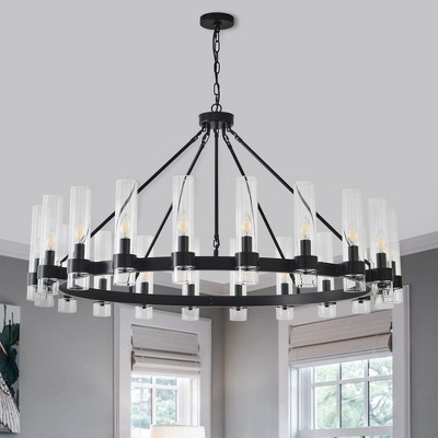 PAKOKULA 49.2 in. 20-Light Black Wagon Wheel Chandelier with Clear Glass Shades, Modern Dimmable Fixture for Dining Room