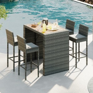 Whisen 5-Pieces Outdoor Patio Wicker Bar Set, Bar Height Chairs with Non-Slip Feet,  Fixed Rope and Removable Cushion - 1 of 4