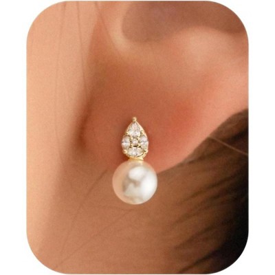 Pearl Earrings: 14k Gold-plated Cubic Zirconia Accented Pearl Drop Dangle Wedding Engagement Earrings For Women Bridal Bridesmaid