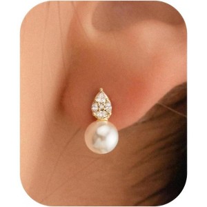 Pearl Earrings: 14k Gold-plated Cubic Zirconia Accented Pearl Drop Dangle Wedding Engagement Earrings For Women Bridal Bridesmaid - 1 of 4